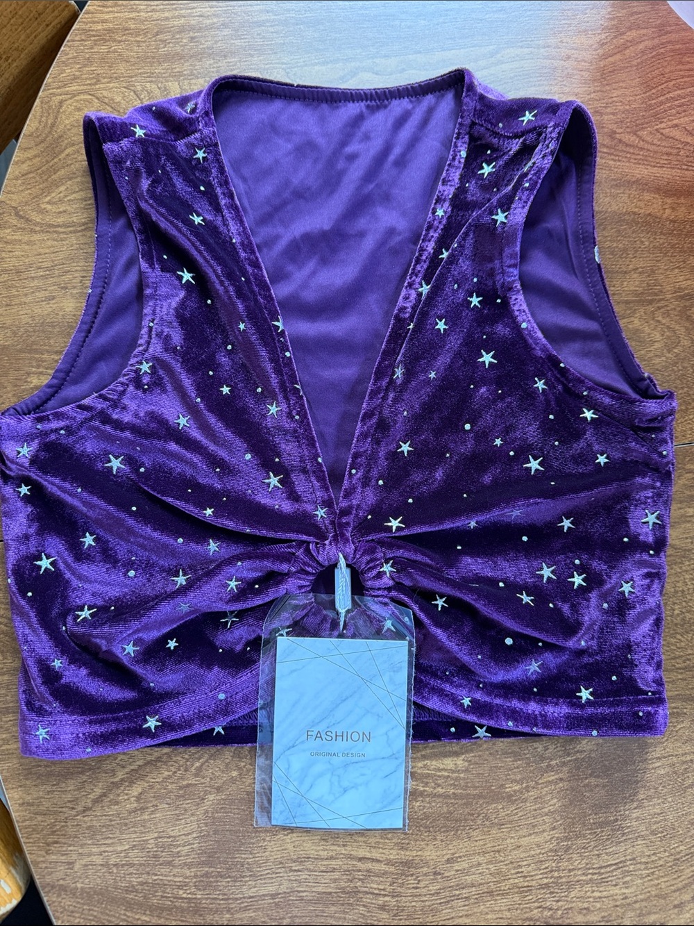 Purple Velvet Star-Print Tie-Front Crop Top - Women